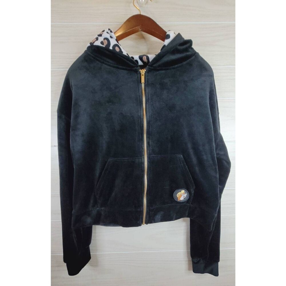 BUC-CEES Hoodie Black Leopard Print Velour Cropped Size Large